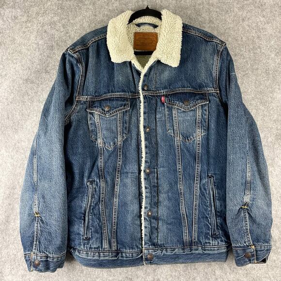 Levis Sherpa Lined Trucker Denim Jacket Mens XL Blue Snap Button Cowboy Western - Picture 1 of 16